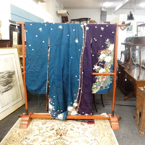 UCHIKAKE SILK WEDDING KIMONO WITH GOLD EMBROIDERY ON A LARGE KIMONO STAND, W 185, H 162mm