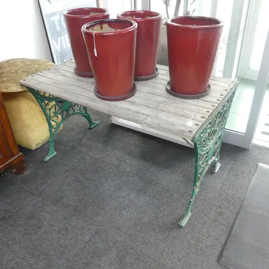 OUTDOOR PATIO TABLE WOODEN SLATTED TOP CAST IRON ENDS antique style painted green