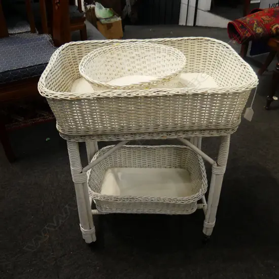 WHITE PAINTED WOVEN WICKER CANE TABLE 580x420mm + TRAY & BOWL