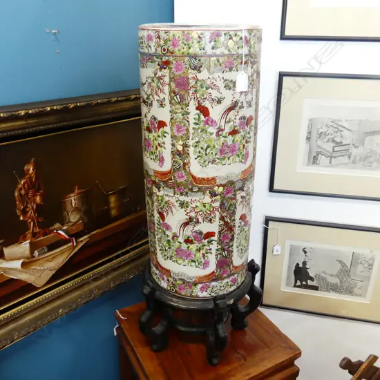 CHINESE FAMILLE ROSE UMBRELLA STAND H.600mm ON EBONSIDE BASE 350mm dia