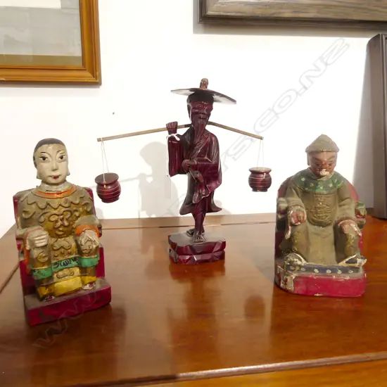 3 CHINESE FIGURES; PAINTED CARVED WOODEN SEATED COUPLE, WOODEN OLD MAN w. BASKETS W.260mm