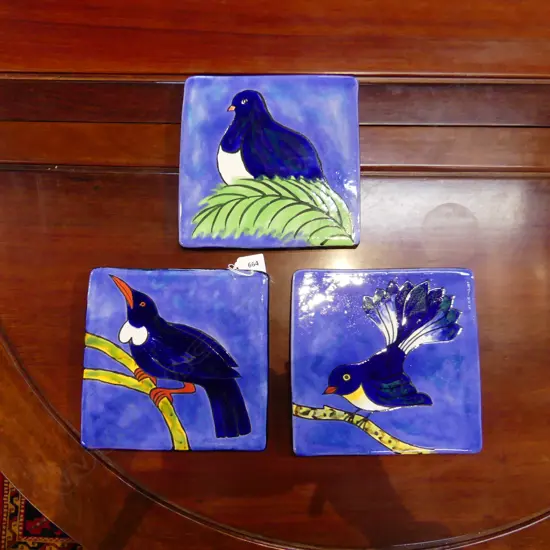 3 MORRIS & JAMES NZ BIRD TILES; TUI, FANTAIL, KERURU 200x200mm