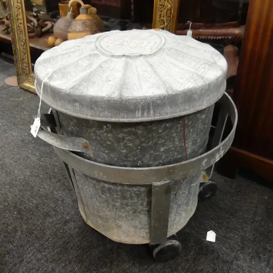 VINTAGE PARKER GALVINISED METAL TRASH CAN IN TROLLEY H.570mm