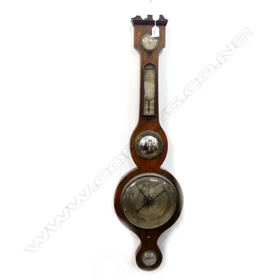 REGENCY PERIOD 'BANJO' BAROMETER WITH THERMOMETER & CONVEX MIRROR. H.925mm