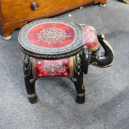 INDIAN PAINTED WOODEN ELEPHANT STOOL H.380mm