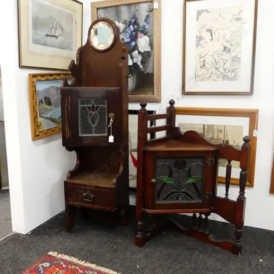 2 EARLY 20th OAK CORNER UNITS w. LEADLIGHTS H.1180mm