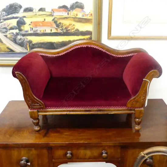 VINTAGE DOLL / CAT SOFA - RED VELVET W.690mm end scroll piece of wood missing from left front arm
