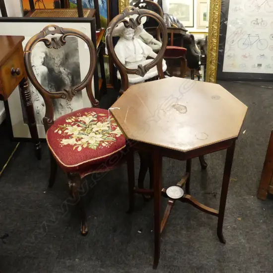 SHERATON STYLE OCTAGONAL SIDE TABLE + PR VICTORIAN BALLOON BACK CHAIRS - all w. faults