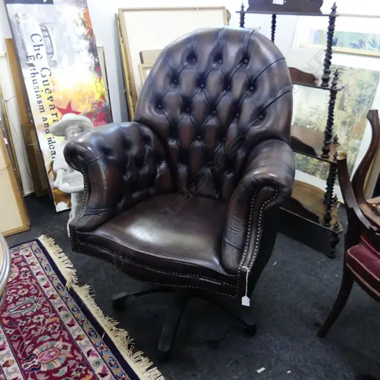 BROWN LEATHER BUTTON BACK OFFICE CHAIR 850x600x1150mm - GASCOIGNE FURNITURE