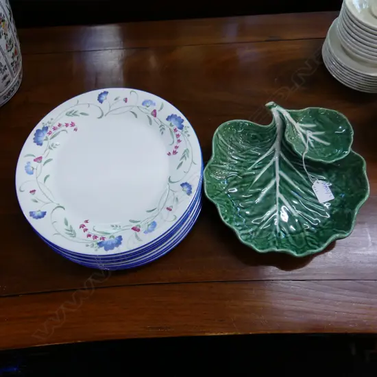 9 ROYAL DOULTON 'WINDERMERE' DINNNER PLATES 270mm dia + BORDALO PINHEIRO LEAF DISH