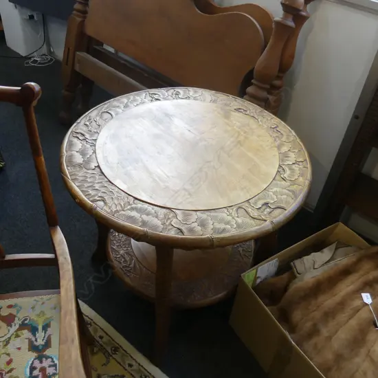 CIRCULAR HEAVILY CARVED OCCASIONAL TABLE WITH FLORA AND FAUNA DETAIL. D.760XH.670mm