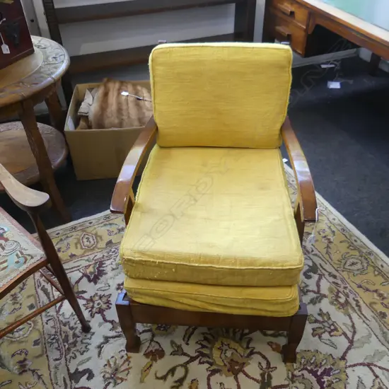 WOODEN ARMCHAIR w. YELLOW UPHOLSTERY