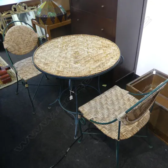 3 PCE METAL & CANE PATIO SET; PR CHAIRS + TABLE 