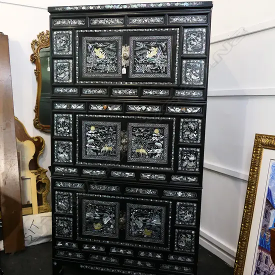 LG KOREAN 3 PART CABINET; BLACK LAQUER w. MoP INLAY 1010x495x1835mm