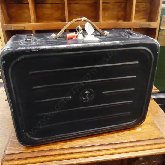 VINTAGE FRENCH BLUE PAINTED METAL SUITCASE W.440mm