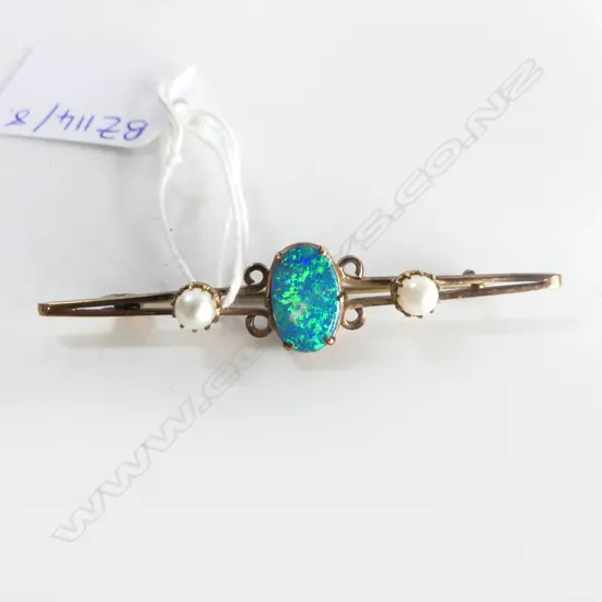 GOLD & PEARL/OPAL DOUBLET BAR BROOCH L.70mm 5.2gms