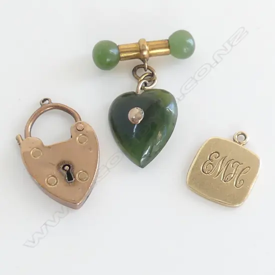 9CT GOLD INGOT PENDANT + 9CT HEART padlock clasp 5.3gms total + pounamu & 1 only 9ct gold cufflink