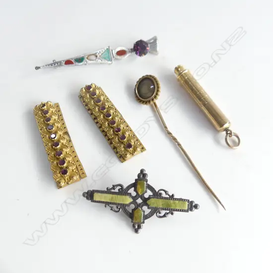 GOLD MORNING PIN BROOCH 5.2gms, 2 STG BROOCHES, PENCIL, CLASP
