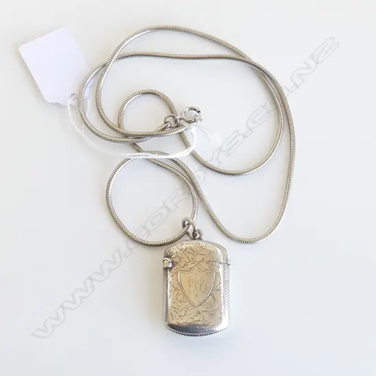 VICTORIAN SILVER VESTA engraved on plated chain