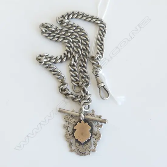 c1900 good SILVER FOB CHAIN uniform curb link w t-bar & medallion L.400mm.