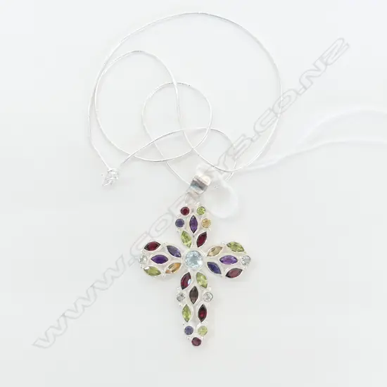 STG & MULTI GEMSTONES CROSS PENDANT WITH CHAIN