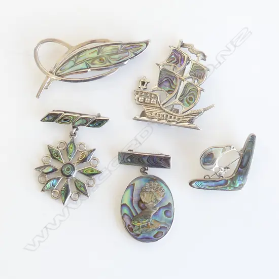 5 STG & PAUA BROOCHES