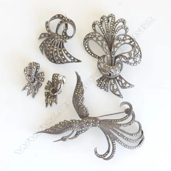 3 VINTAGE SILVER & MARCASITE BROOCHES + earrings: the phoenix w 2 loses + 2 spray type brooches
