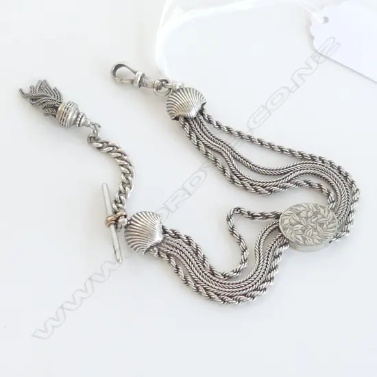 C1900 SILVER ALBERTINA BRACELET triple chain scallop shell fittings 