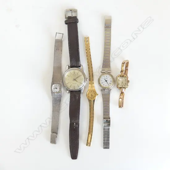 5 VINATGE WRISTWATCHES: Man's Enicar Ultrasonic + Woman's Gerrard Perregeaux + 3 others (Cartier copy)