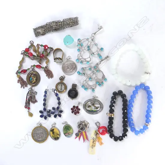 ASST. COSTUME JEWELLERY INCL. STG, 3 GEMSTONE BRACELETS ETC