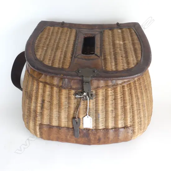 Alan Pye fishing collection: SUPERB OLD FISHING CREEL cane with leather highlights c1890