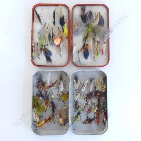 VINTAGE ALLUMINIUM FLY BOX & FLYS  L150MM WITH ANOTHER  HARDY PLASTIC FLY BOX & FLYS L155MM