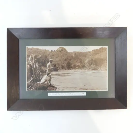 C 1930 FRAMED PHOTO MONTAGE OF THE EARLY DAYS AT HUKA LODGE & FRAMED PRINT OF ALAN PYE & his dog Major fishing