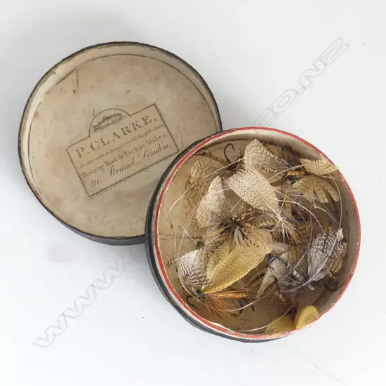 BOX OF VICTORIAN  FLYS by P.C CLARKE FISHING ROD and TACKLE MAKER 91 Strand