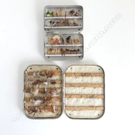 WHEATLEY KILROY DRY NYMPH BOX  3½'' x 2⅝'' x 1'' with 39 flys & ABERCROMBIE & FITCH FLY BOX 5"x 3⅝ x⅝, gifted to Alan