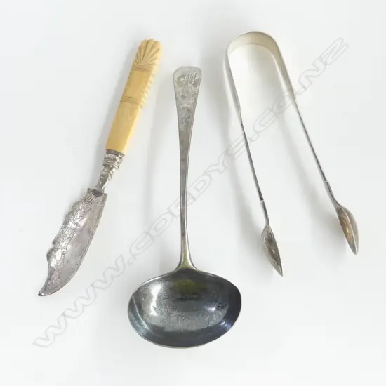 3 ANTIQUE SILVER PCES: sauce ladle L.1791 + tongs L.1861 + butter knife w old repair. Silver 85gms ++