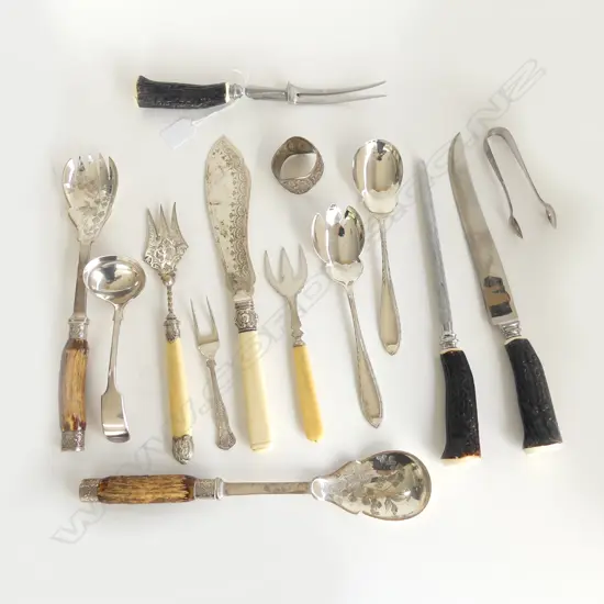 (24677)  LOT OF SILVER PLATE CUTLERY (14 ITEMS) INCLUDING SALAD SERVERS HANDLE IN BONE