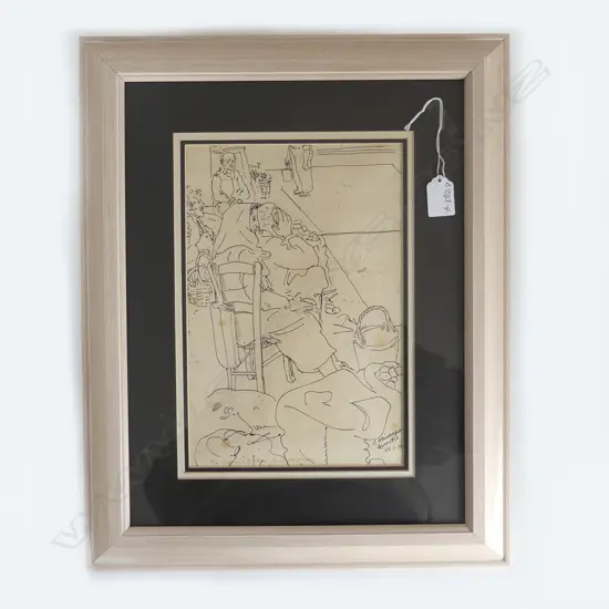 ARTIST UNKNOWN PEN & INK DRAWING European MARKET PLACE signed & enscribed dated 22.5.57 295 x 195mm