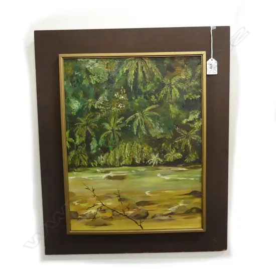 G M GILES ACRYLIC PAINTING RIVER & BUSH 400 X 310mm INITIALLED