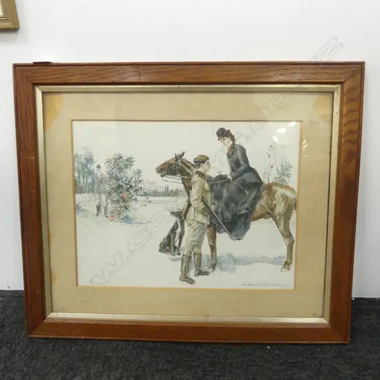 ANTIQUE OAK FRAME “POACHING” PRINT BY HOWARD CHANDLER CHRISTY 1903 L. 58CM W. 48CM