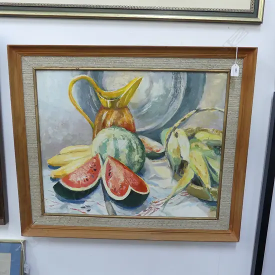 V M MILES OIL ON BOARD STILL LIFE signed 500 x 605mm