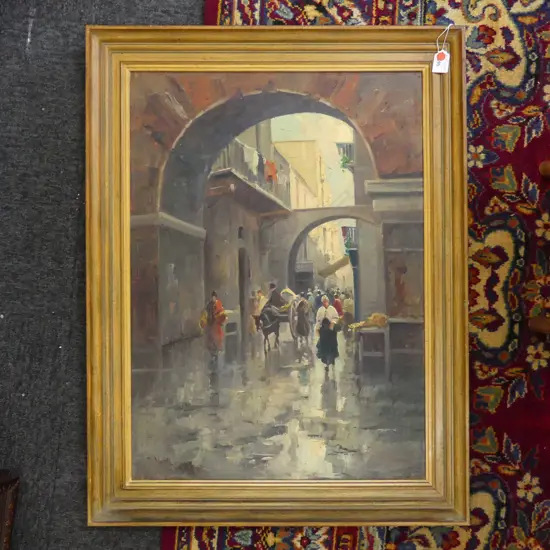 ARTIST UNKNOWN, URBAN STREET SCENE, OIL ON BOARD 670x480mm