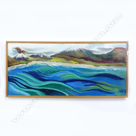 (25180) YVONNE RUST ( NZ, 1922-2002) COASTAL LANDSCAPE OIL ON CANVAS 1997 495x1110mm