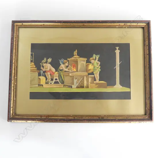 VINTAGE FRAMED PRINT OF ANGELS GLASS BLOWING 43CM X 31CM