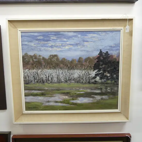 MARGE MARTIN OIL PAINTING 'AFTER THE RAINS' 495 X 595mm signed. Labelled verso