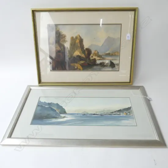 2 WATERCOLOURS, HARBOUR SCENE, UNSIGNED & ROCKY OUTCROP SIGNED 'BAXTER'