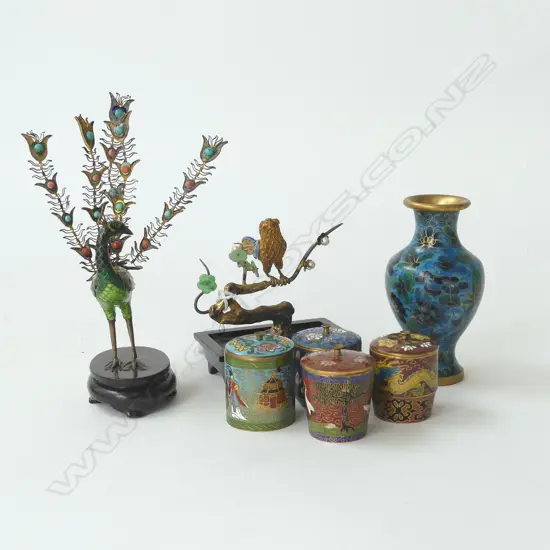 8 PCES CLOISONNE; 4 SMALL LIDDED CONTAINERS H.45mm, PR BIRDS H.180mm, 2 VASES H.130mm