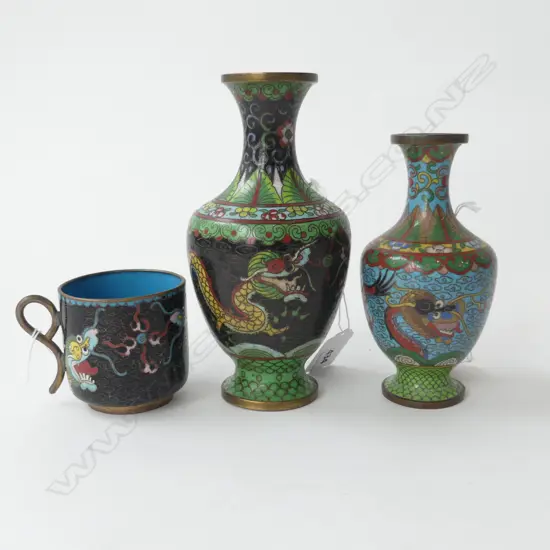 3 PCS CHINESE CLOISONE 2 VASES H165 &135MM WITH CLOISONE CUP
