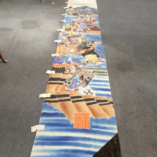 ANTIQUE HAND COLORED SAMURAI SCENES JAPANESE NOBORI BANNER  W800 H.7000mm