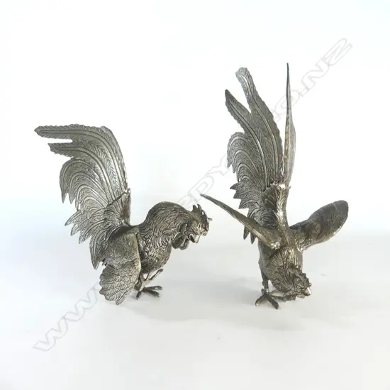 PR SILVER METAL FIGHTING ROOSTERS H.270mm